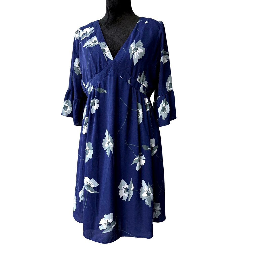 PaperCrown Blue Floral V-Neck Empire Waist Ruffle Sleeve Mini Dress Womens S